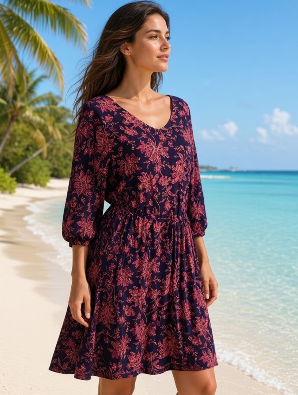 Lands' End Ladies Swim Cover-Up Size M/L Navy Blue Floral Women Drawstring